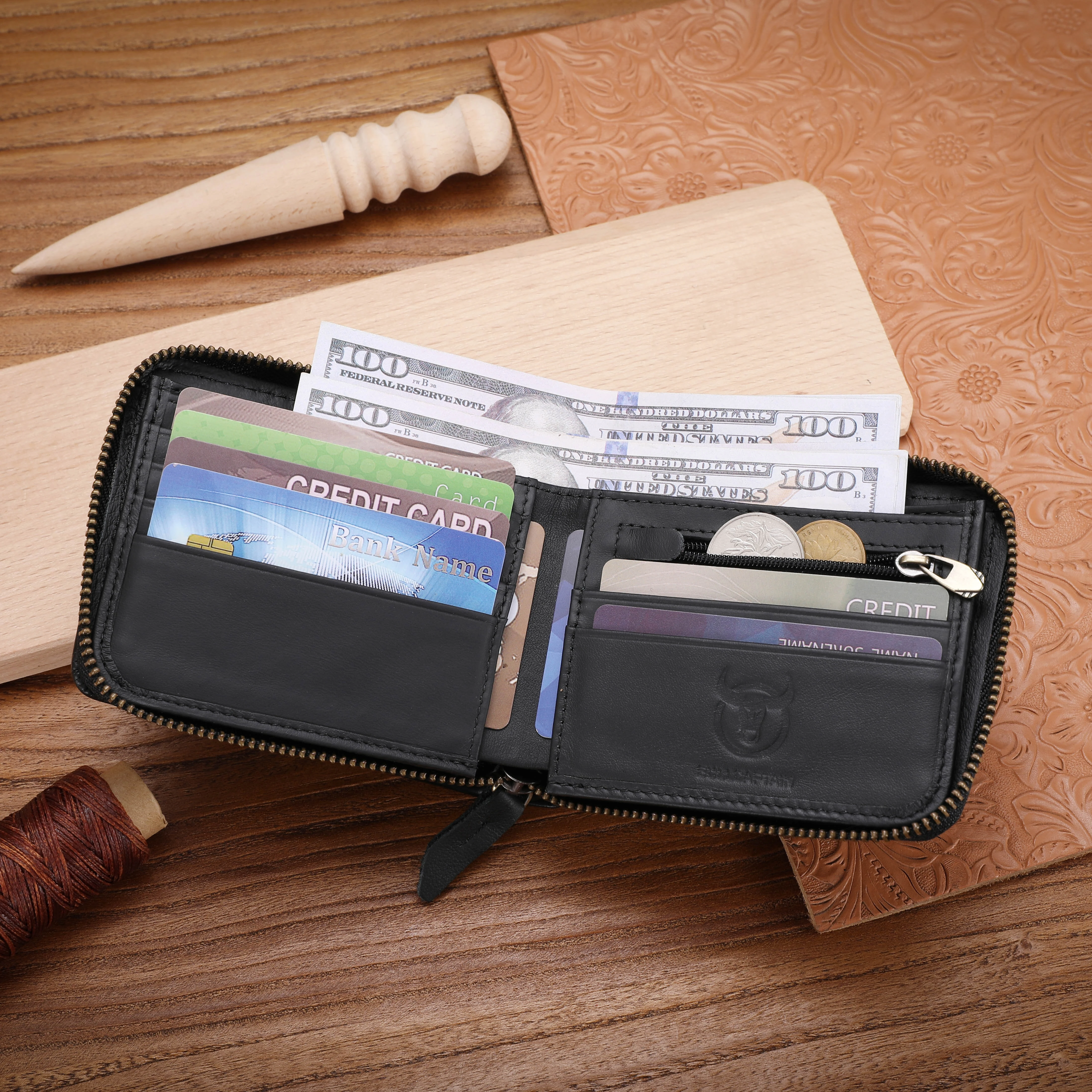 (image for) BULLCAPTAIN Men Short Wallet RFID Blocking Card Holder Cowhide Coin Purse Retro Genuine Leather Clutch Zipper Male Money Bags